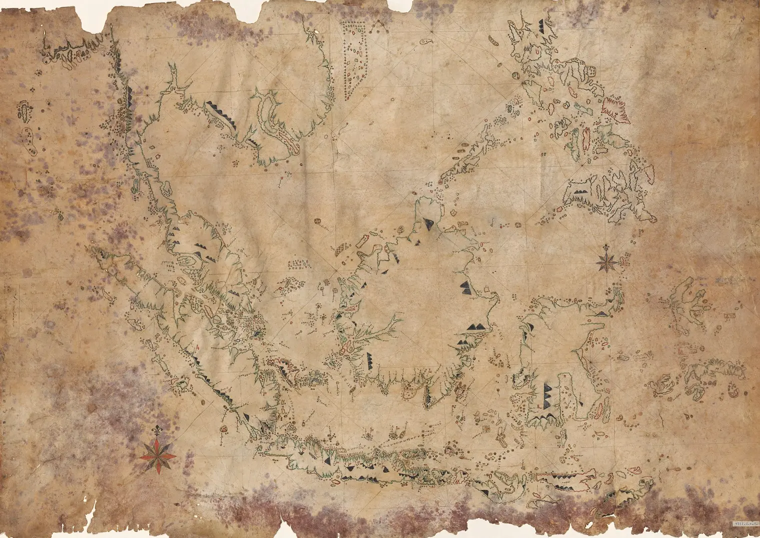 Peta laut Bugis yang menggambarkan perairan Nusantara, dengan anotasi Lontara' dari sekitar 1820